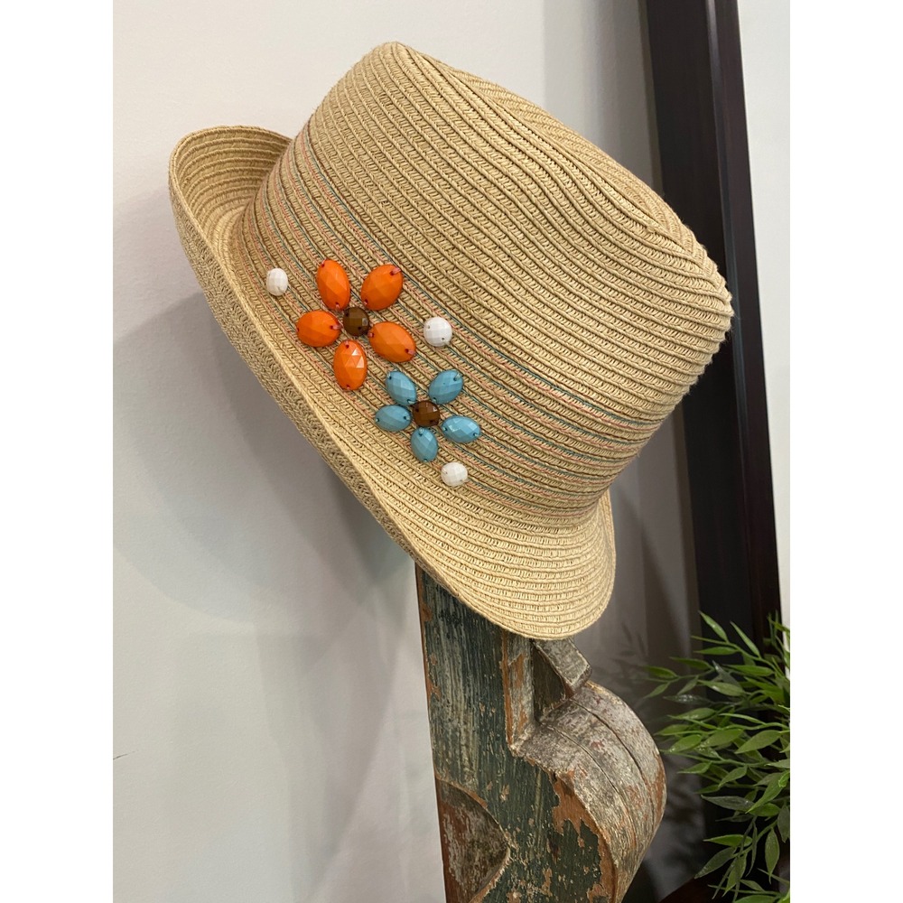 Woven Straw Fedora Hat with Beaded Floral Accents Tan Orange Turquoise Summer‎